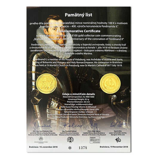 Pamätný list 100 EURO/2018 - Ferdinand II. - 400. výročie korunovácie v Bratislave