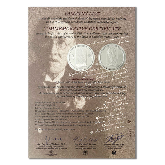 Pamätný list 10 EURO/2016 - Ladislav Nádaši-Jégé - 150. výročie narodenia