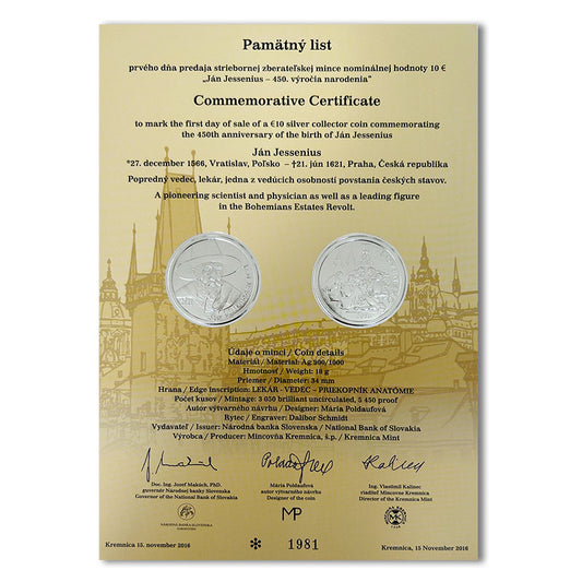 Pamätný list 10 EURO/2016 - Ján Jessenius - 450. výročie narodenia